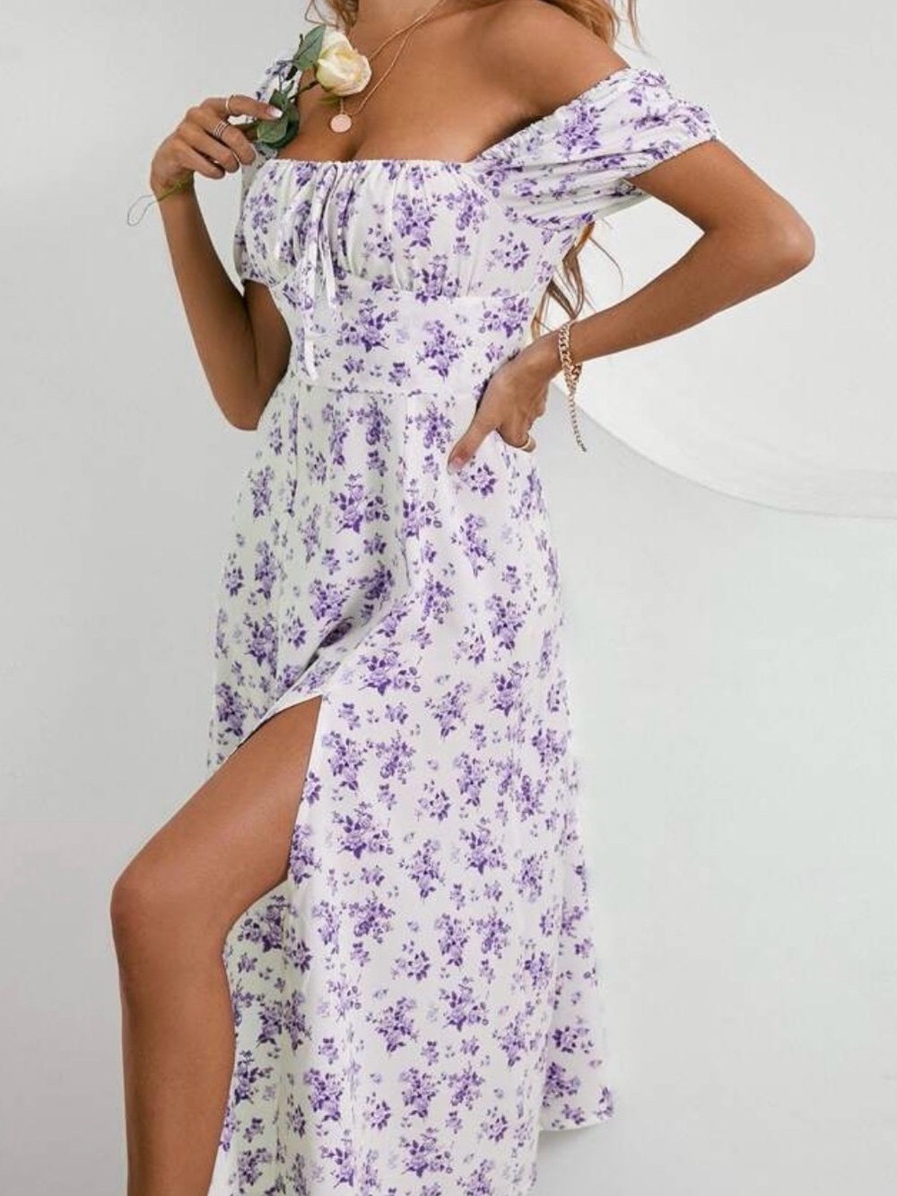 MOTF White Milkmaid Maxi Dress with Purple Floral Print